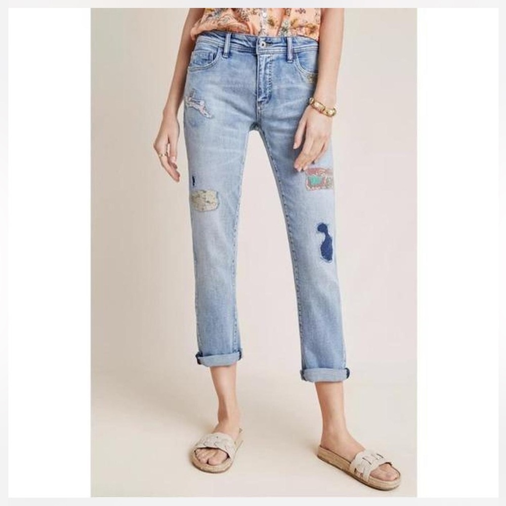 Maeve Anthropologie slim boyfriend patched jeans
